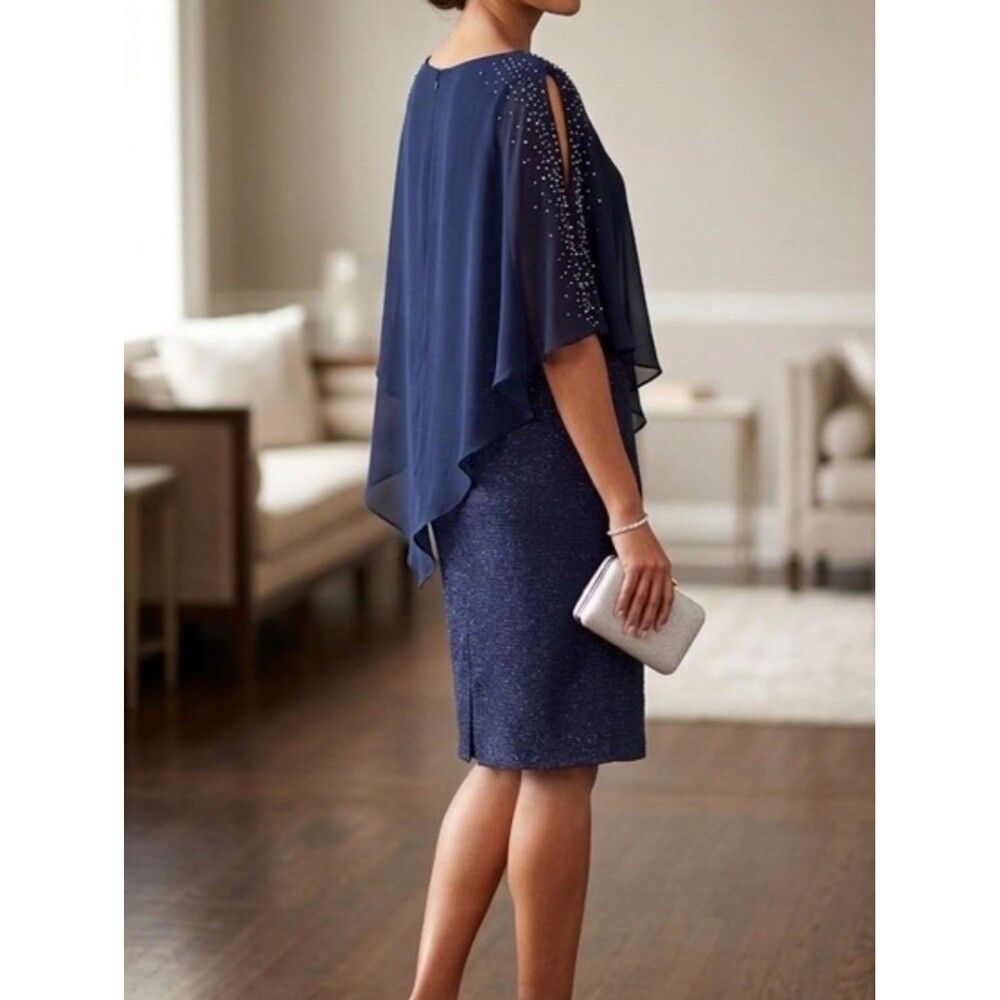 DJ Jaz Embellished Navy Midi Dress with Chiffon Cape formal mother of the size 4